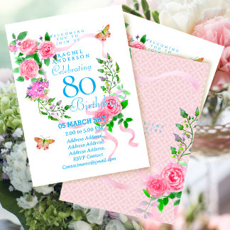 Rosa Rosenband 80. Geburtstagseinladung Einladung