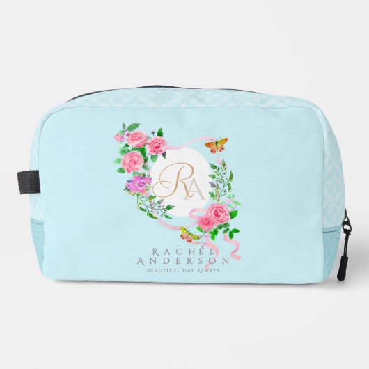 Rosa Rosenband Monogram Blue Print Cut Nähtasche Waschbeutel (Vorderseite)