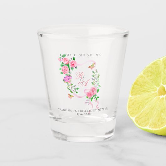 Rosa Rosenband-Monogramm-Hochzeit  Schnapsglas (Vorderseite)