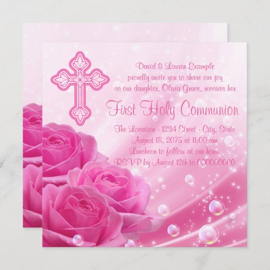Rosa Rosenbläschen Erste Kommune Einladung (Vorne/Hinten)