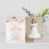 Rosa Rosenbläschen Erstkommunion Foto Einladung (Stehend Vorderseite)