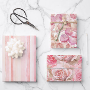 Rosa Rosenblätter Blumenstreifen Geburtstag Geschenkpapier Set