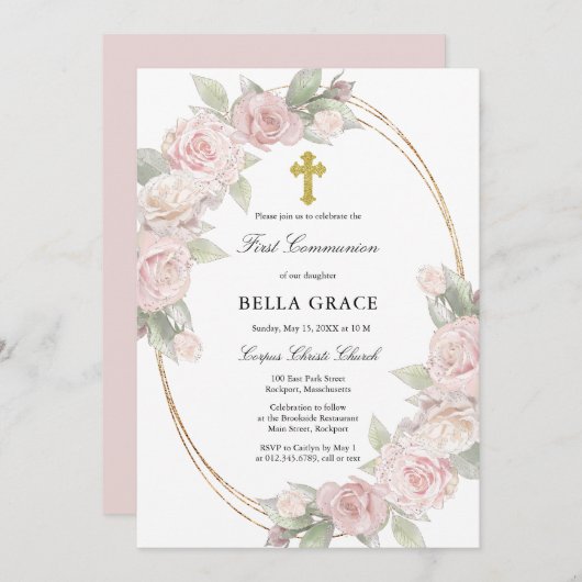 Rosa Rosenblume Einladung zur Kommunion (Vorne/Hinten)