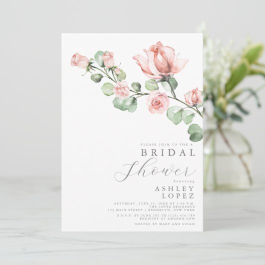 Rosa Rosenblume Elegantes Brautparty Einladung (Stehend Vorderseite)