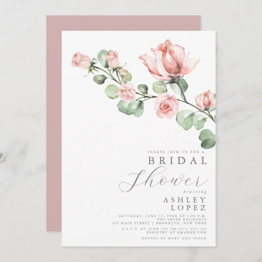 Rosa Rosenblume Elegantes Brautparty Einladung (Vorne/Hinten)