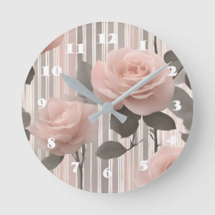 Rosa Rosenblüte und Streifen, Vintage-Look Runde Wanduhr