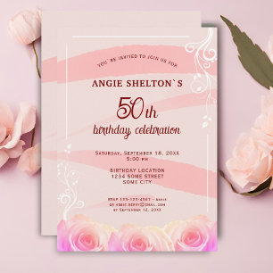 Rosa Rosenblüten-Aquarell-Streifen 50. Geburtstag Einladung