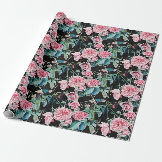 Rosa Rosenblüten floraler Wasserfarben-Einwickler Geschenkpapier (Ungerollt)