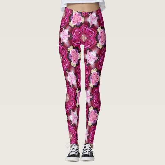 Rosa Rosenblütenmuster Leggings (Vorderseite)