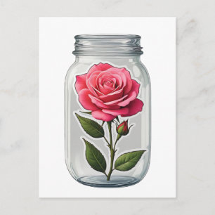 Rosa Rosenblütenstiel in einer Glasflasche Postkarte