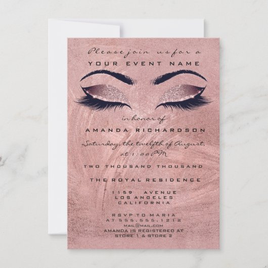 Rosa Rosenbraun Makeup Auge Glitzer 16. Bridal Einladung (Vorderseite)