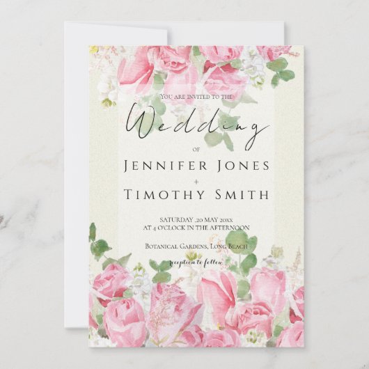 Rosa Rosenbukett und grünes Blatt Wasserfarbe Einladung (Vorderseite)