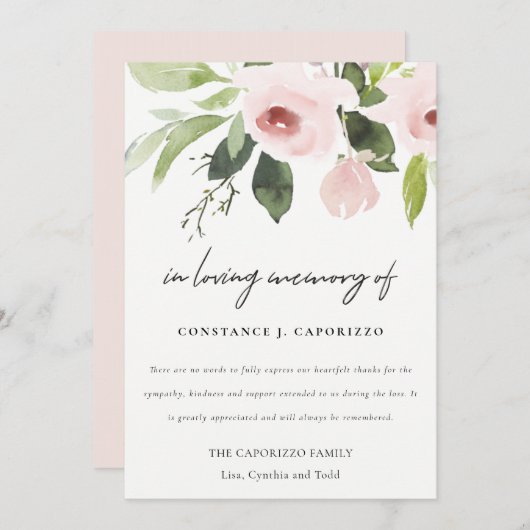 Rosa Rosenflora Beileid Gedenkstätte Rosa Rosa Dankeskarte (Vorne/Hinten)