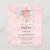 Rosa Rosenfloralen Mädchen Budget Taufen Einladung (Vorne/Hinten)