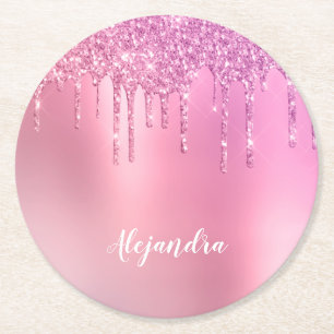 Rosa Rosengold und lila Glitzer Tropfen Runder Pappuntersetzer
