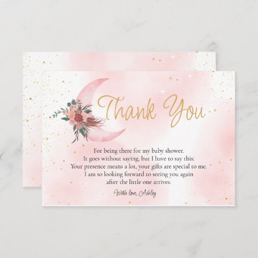 Rosa Rosengold Wir sind über der Mond Babydusche Dankeskarte (Vorne/Hinten)