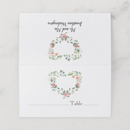 Rosa Rosenherz-Rahmen auf weißem Hochzeitsdesign Platzkarte (Außenseite Aufgefaltet)