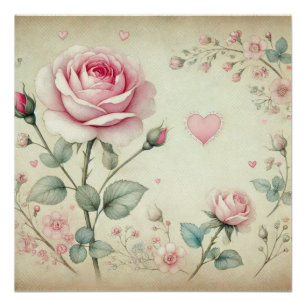 Rosa Rosenherz Vintage Pastellfarben Poster