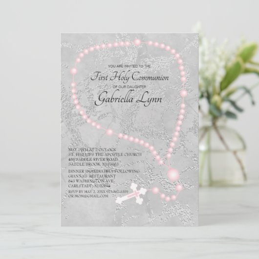 Rosa Rosenkranzperle-erste heilige Kommunion Einladung (Stehend Vorderseite)