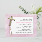 Rosa Rosenkranzperlen, Kreuz, religiös Einladung (Stehend Vorderseite)