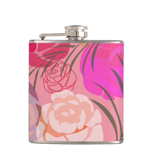 Rosa Rosenmuster mit Blume und Pflanze Flachmann (Vorderseite)