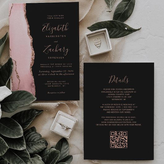Rosa Rosenquarz-Achat-Dunkle QR-Code-Hochzeit Einladung