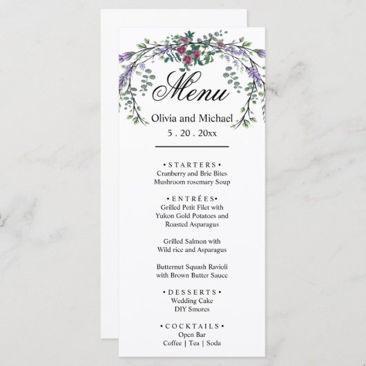 Rosa Rosenrosen, elegant, botanischer Lavendel Menükarte (Vorne/Hinten)