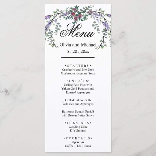 Rosa Rosenrosen, elegant, botanischer Lavendel Menükarte (Vorderseite)