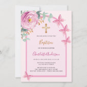 Rosa Rosenschmetterlinge Blumengrün Taufe Einladung (Vorderseite)