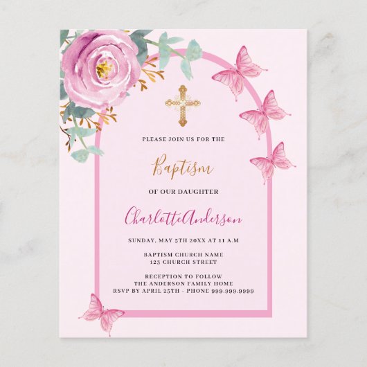 Rosa Rosenschmetterlinge Taufe (Vorderseite)