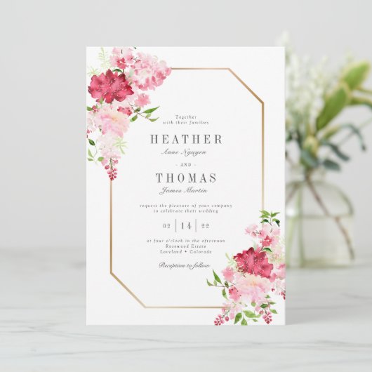 Rosa Rosenstrahlen mit Aquarellfarbe Goldrahmen Ho Einladung (Stehend Vorderseite)