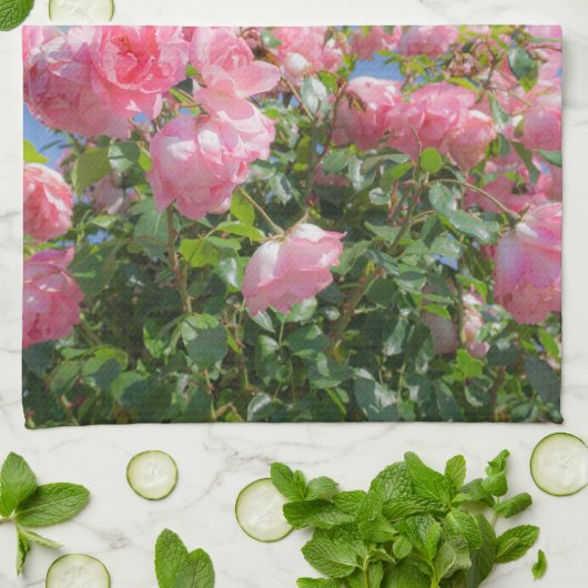 Rosa Rosenstrauch unter blauem Himmel, Brauch Geschirrtuch (Gefaltet)