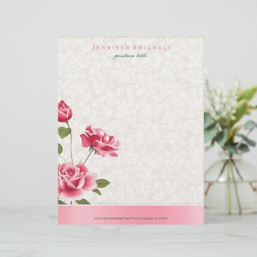 Rosa Roses Beige Damasks Briefbogen (Stehend Vorderseite)