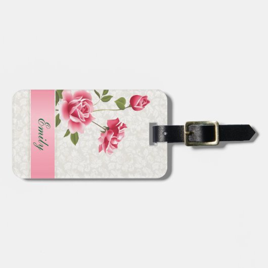 Rosa Roses Beige Damasks Gepäckanhänger (Vorderseite horizontal)