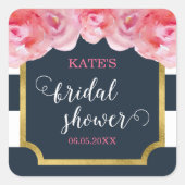 Rosa Roses Blau Streifen Brautparty Quadratischer Aufkleber (Vorderseite)