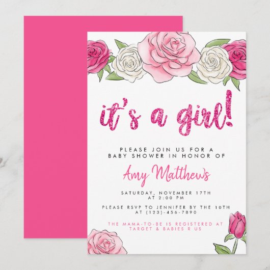 Rosa Roses Blumendusche Einladung (Vorne/Hinten)