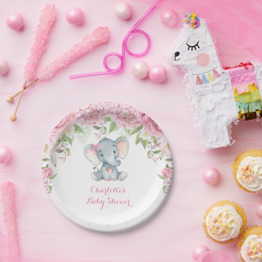 Rosa Roses Blumenlephant Babydusche 7" Platte Pappteller (Party)
