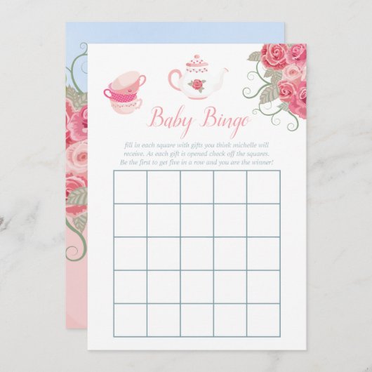 Rosa Roses Blumentee Party Baby Shower Baby Bingo Einladung (Vorne/Hinten)