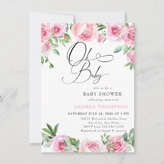 Rosa Roses Blush Kinderdusche Einladung (Vorderseite)