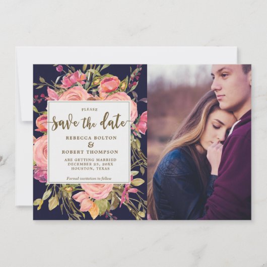 Rosa Roses Boho Marine Save the Date Fotokarte Einladung (Vorderseite)