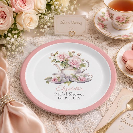 Rosa Roses Brautparty Teezeremonie Pappteller