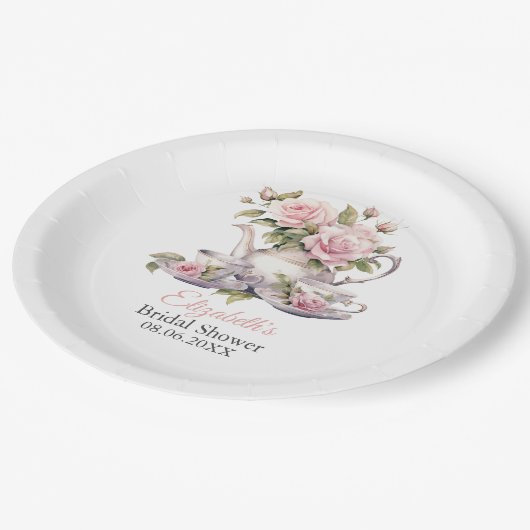 Rosa Roses Brautparty Teezeremonie Pappteller (Schrägansicht)