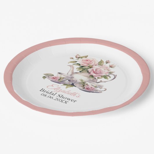 Rosa Roses Brautparty Teezeremonie Pappteller (Schrägansicht)