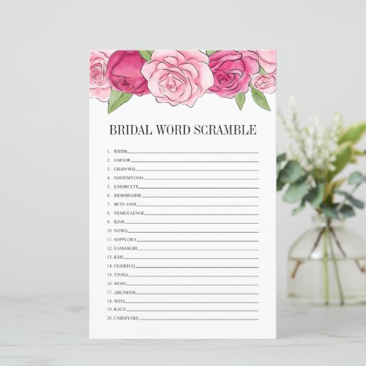 Rosa Roses Brautparty Word Scramble Game Card (Stehend Vorderseite)
