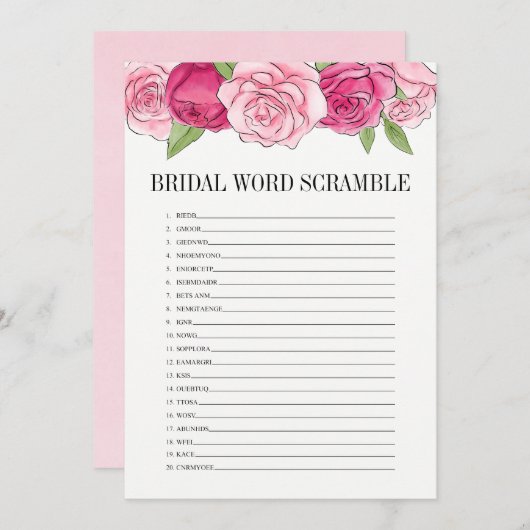 Rosa Roses Brautparty Word Scramble Game Card Einladung (Vorne/Hinten)