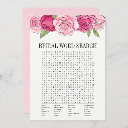 Rosa Roses Brautparty Word Search Game Card Einladung (Vorne/Hinten)