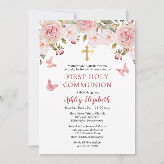 Rosa Roses Butterflies Floral Erste Heilige Kommun Einladung (Vorderseite)