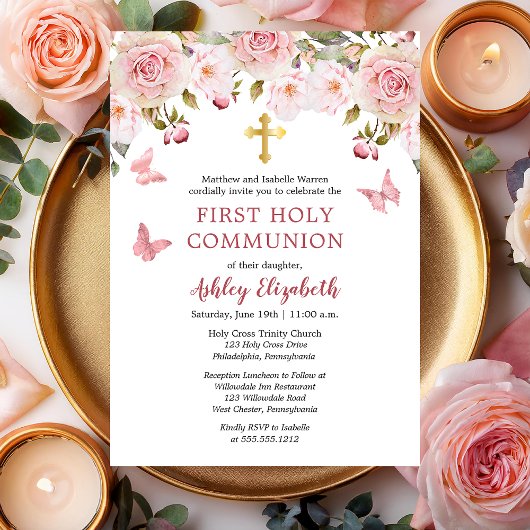 Rosa Roses Butterflies Floral Erste Heilige Kommun Einladung