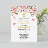 Rosa Roses Butterflies Floral Erste Heilige Kommun Folieneinladung (Stehend vorne)