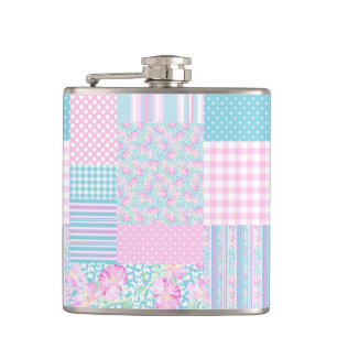 Rosa Roses Butterflies Imitate Patchwork Hip Flask Flachmann